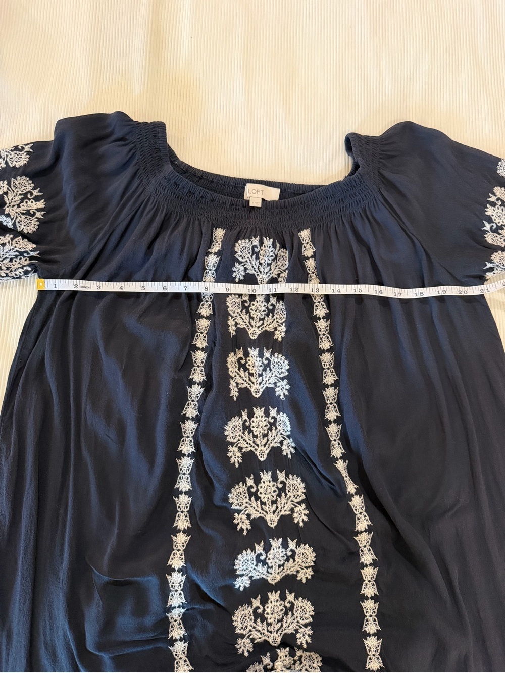 LOFT Navy Embroidered Peasant Dress Medium Off Shoulder Boho Shift Dress - Picture 2 of 5